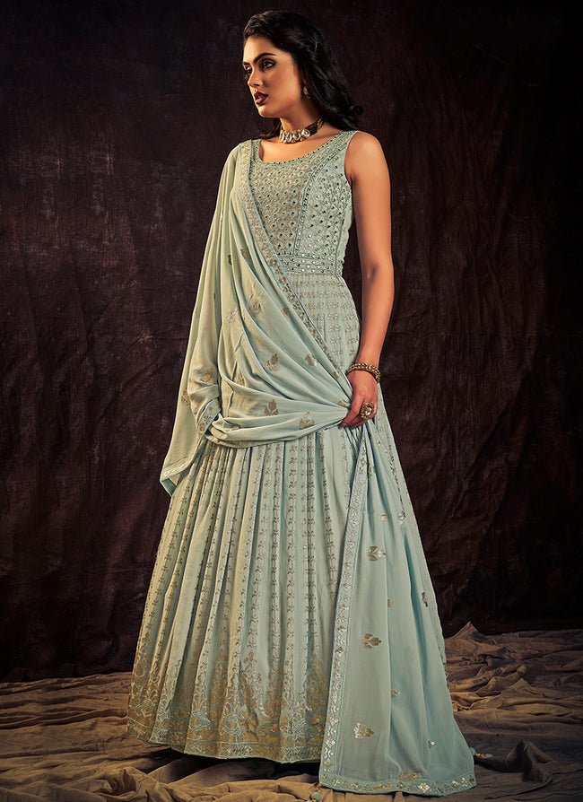 Soft silk Party Wear Readymade Gown In Light Blue With Resham & Stone Work  - Plus Size Product